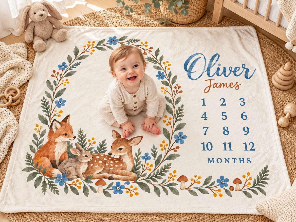 Personalized Woodland Milestone Blanket, Custom Baby Name Blanket, Monthly Milestone Blanket, Forest Nursery Decor, Baby Chri