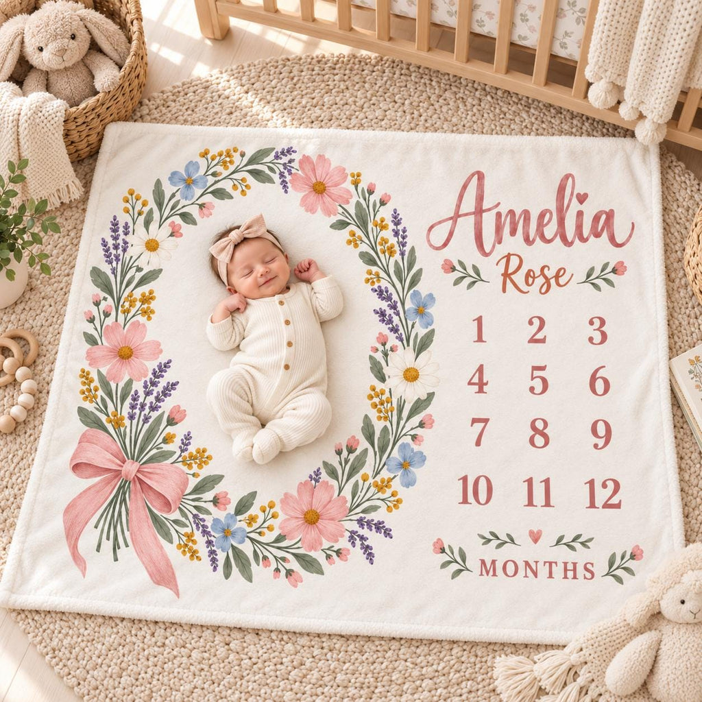 Personalized Floral Milestone Blanket, Custom Baby Girl Name Blanket, Monthly Milestone Blanket, Wildflower Baby Gift, Baby C