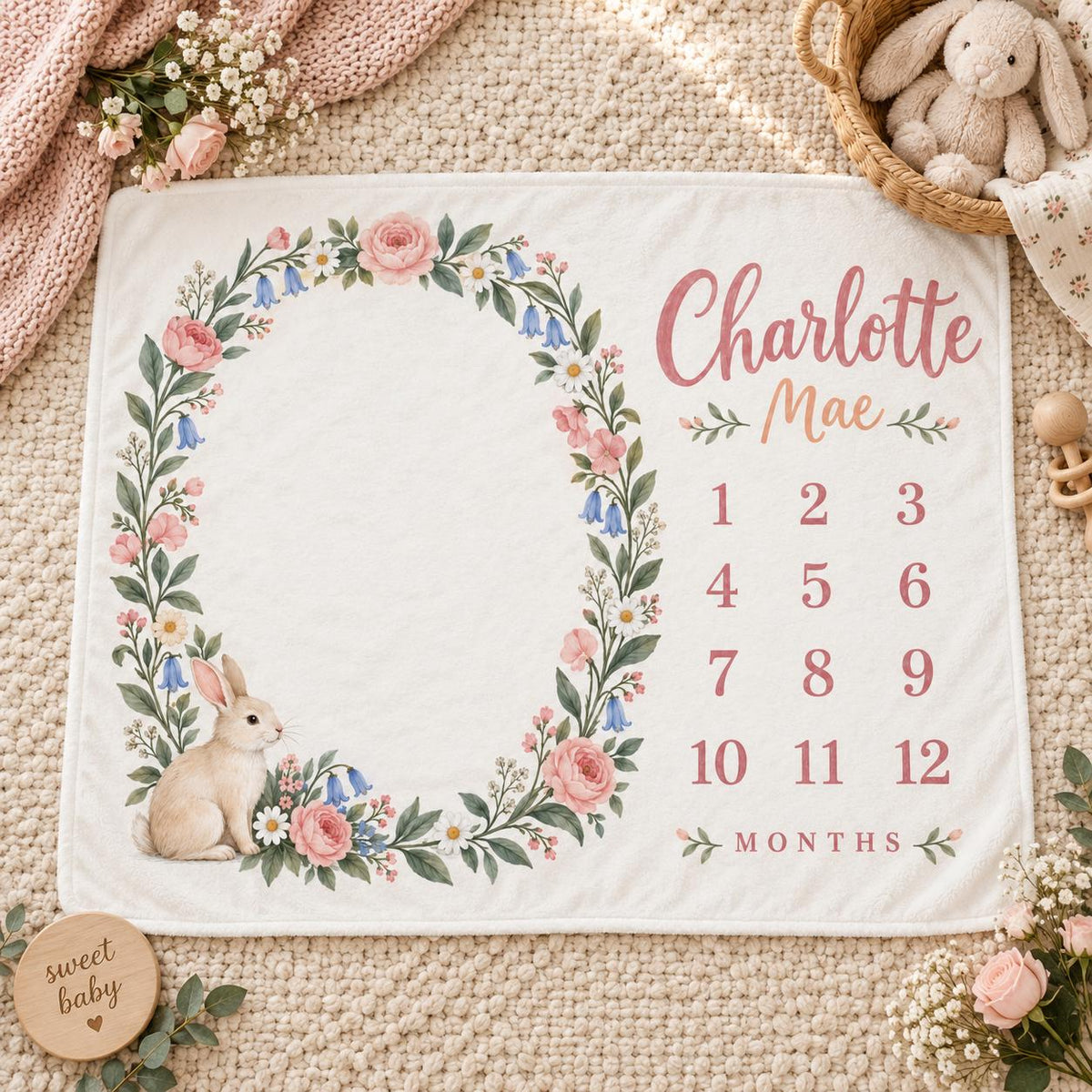 Personalized Bunny Milestone Blanket, Floral Baby Girl Blanket, Custom Name Monthly Milestone Blanket, Baby Shower Gift, Baby