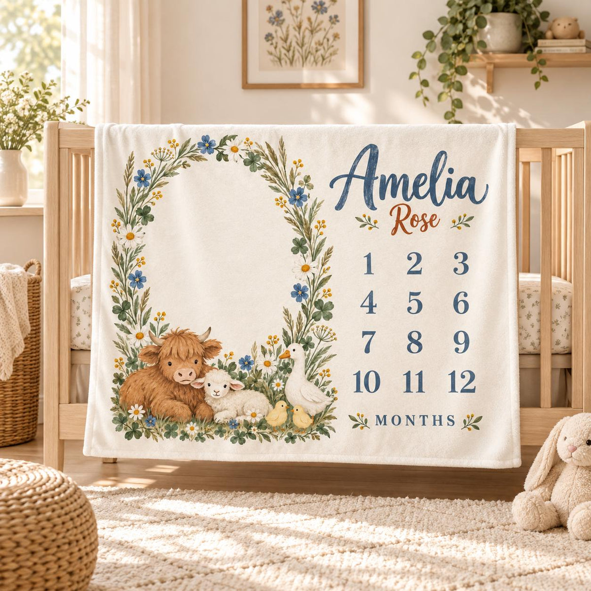 Personalized Farm Milestone Blanket, Highland Cow Baby Blanket, Custom Baby Name Monthly Milestone Blanket, Baby Shower Gift,