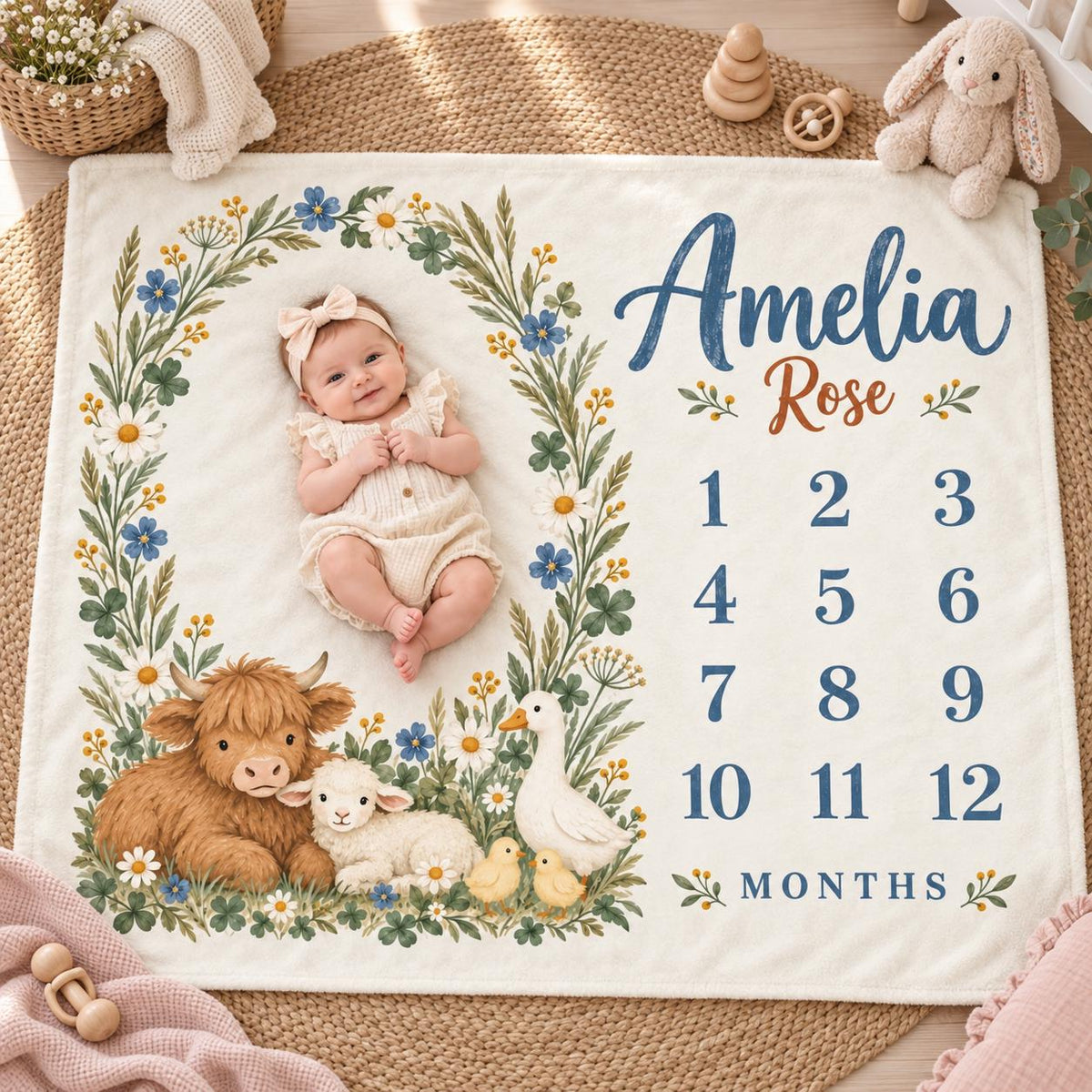 Personalized Farm Milestone Blanket, Highland Cow Baby Blanket, Custom Baby Name Monthly Milestone Blanket, Baby Shower Gift,