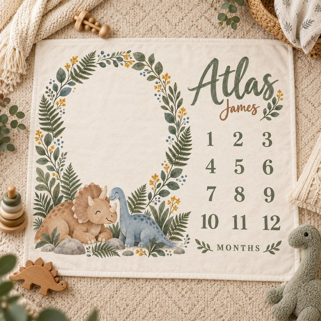 Personalized Dinosaur Milestone Blanket, Custom Baby Name Blanket, Monthly Milestone Blanket, Dino Nursery Decor, Baby Christ