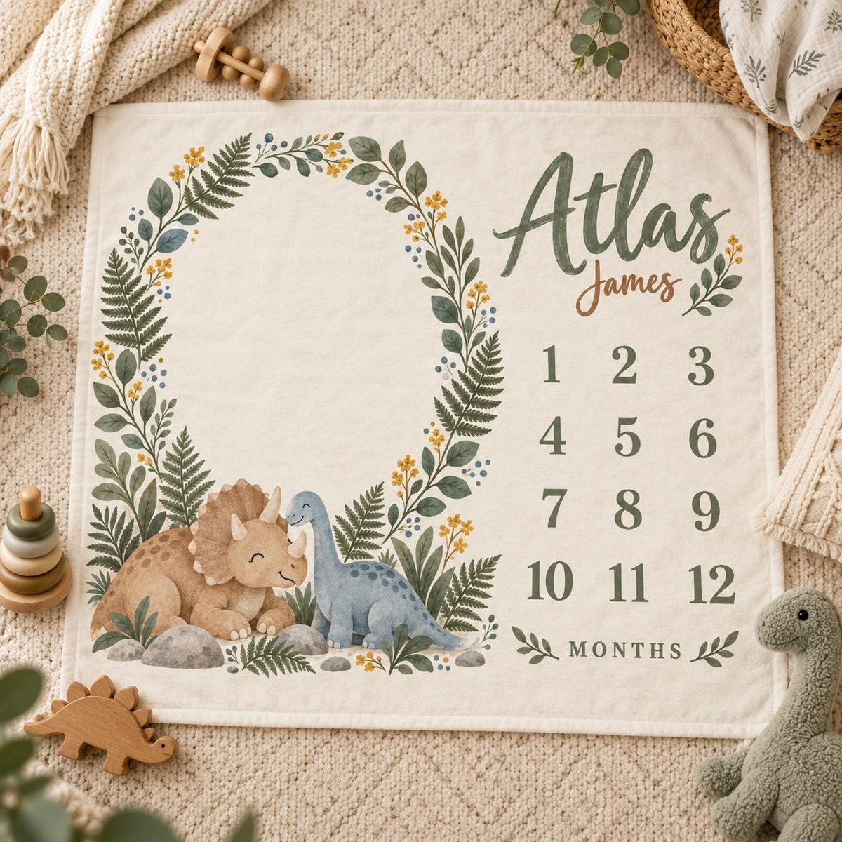 Personalized Dinosaur Milestone Blanket, Custom Baby Name Blanket, Monthly Milestone Blanket, Dino Nursery Decor, Baby Christ
