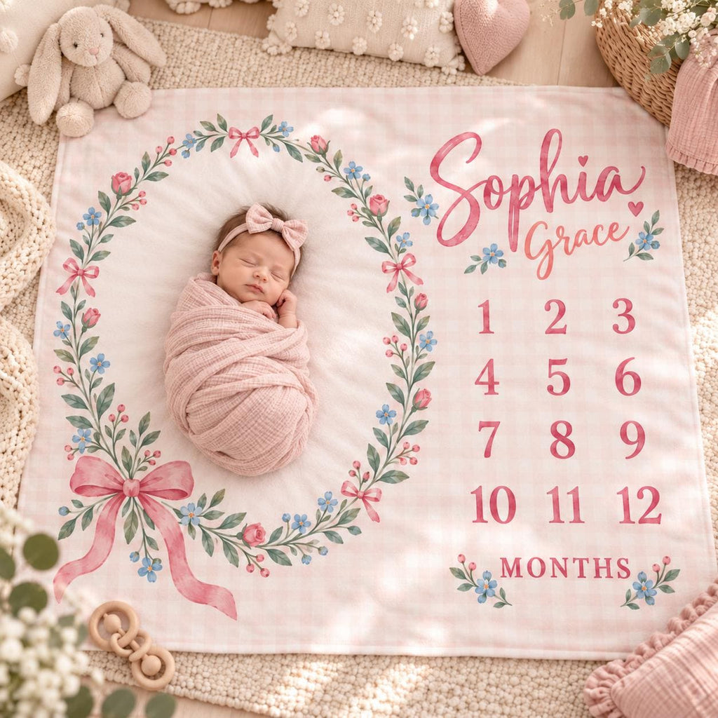Personalized Baby Girl Milestone Blanket, Pink Bow Floral Monthly Blanket, Custom Name Baby Blanket, Baby Shower Gift, Baby C