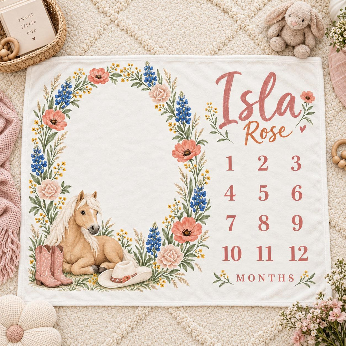 Personalized Western Baby Girl Milestone Blanket, Cowgirl Horse Monthly Blanket, Custom Name Baby Blanket, Baby Shower Gift, 