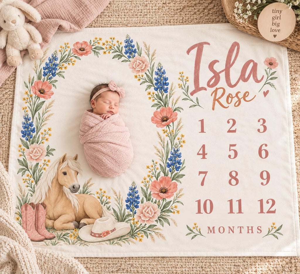Personalized Western Baby Girl Milestone Blanket, Cowgirl Horse Monthly Blanket, Custom Name Baby Blanket, Baby Shower Gift, 