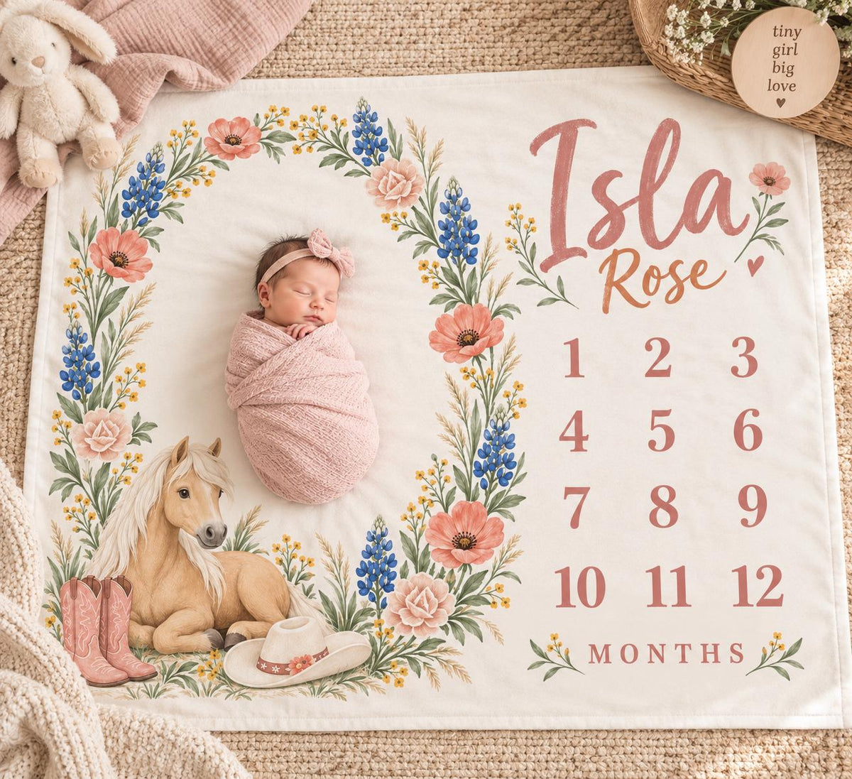 Personalized Western Baby Girl Milestone Blanket, Cowgirl Horse Monthly Blanket, Custom Name Baby Blanket, Baby Shower Gift, 