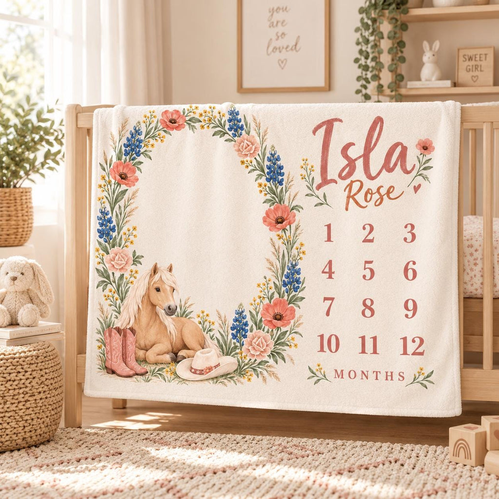 Personalized Western Baby Girl Milestone Blanket, Cowgirl Horse Monthly Blanket, Custom Name Baby Blanket, Baby Shower Gift, 