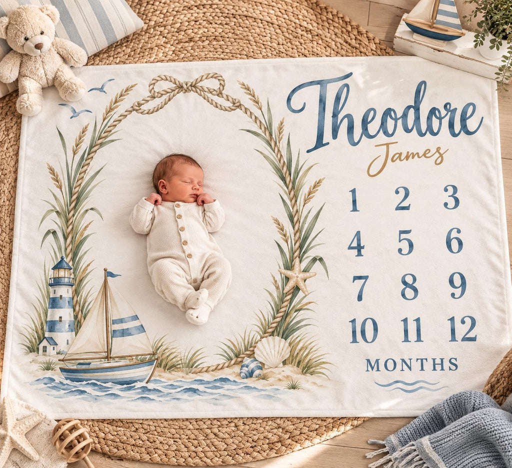 Personalized Nautical Baby Milestone Blanket, Coastal Baby Boy Blanket, Sailboat Monthly Milestone, Custom Name Blanket, Baby