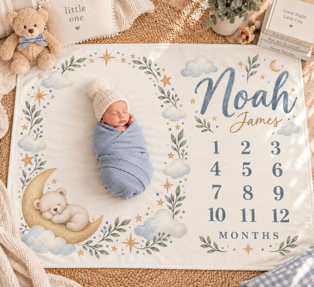 Personalized Baby Boy Milestone Blanket, Moon and Stars Monthly Blanket, Teddy Bear Baby Blanket, Custom Name Newborn Gift, B