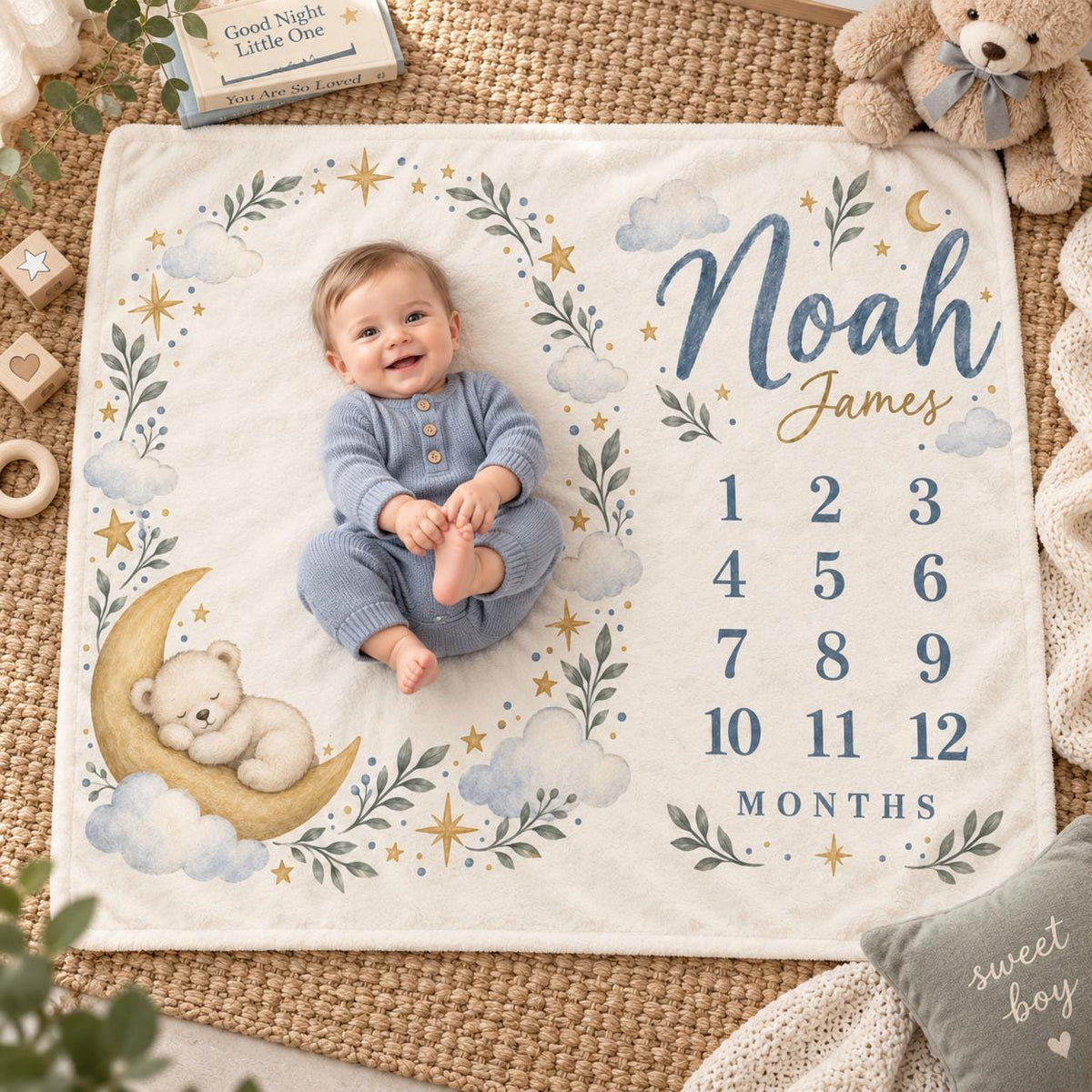 Personalized Baby Boy Milestone Blanket, Moon and Stars Monthly Blanket, Teddy Bear Baby Blanket, Custom Name Newborn Gift, B