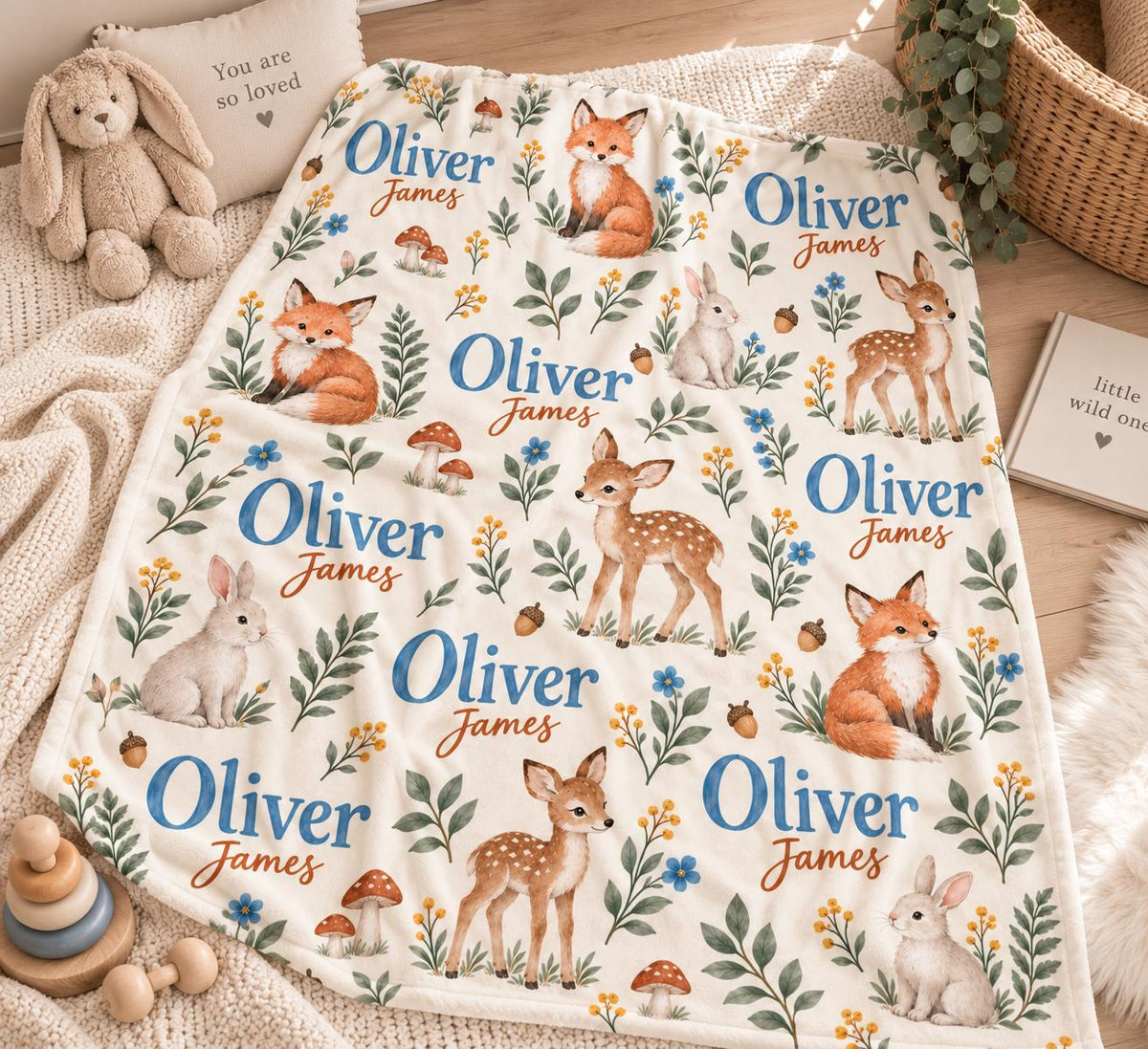 Personalized Woodland Baby Blanket, Custom Name Baby Boy Blanket, Fox Deer Bunny Nursery Blanket, Newborn Gift, Baby Christma