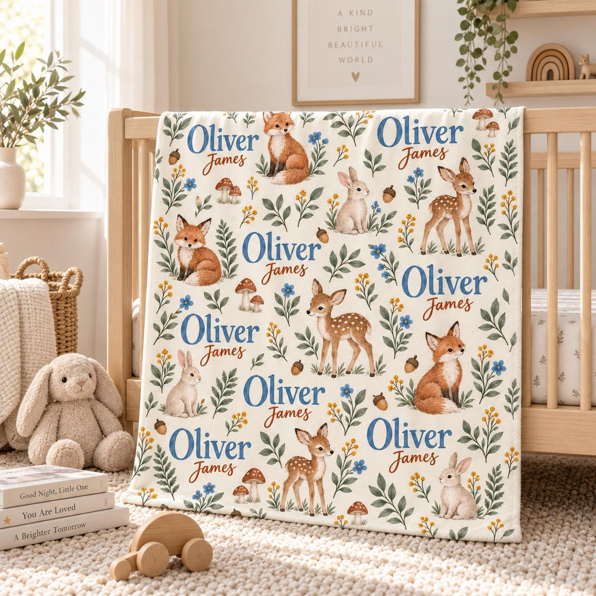 Personalized Woodland Baby Blanket, Custom Name Baby Boy Blanket, Fox Deer Bunny Nursery Blanket, Newborn Gift, Baby Christma