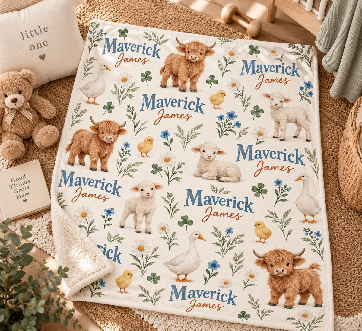 Personalized Farm Baby Blanket, Highland Cow Baby Blanket, Custom Name Farm Animals Blanket, Baby Boy Nursery Gift, Baby Chri