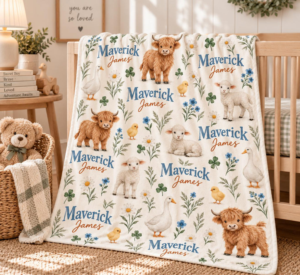 Personalized Farm Baby Blanket, Highland Cow Baby Blanket, Custom Name Farm Animals Blanket, Baby Boy Nursery Gift, Baby Chri
