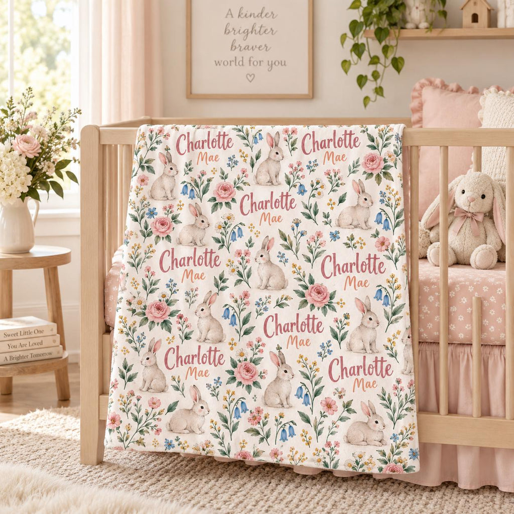 Personalized Bunny Baby Blanket, Floral Baby Girl Blanket, Custom Name Rabbit Blanket, Newborn Baby Shower Gift, Baby Christm