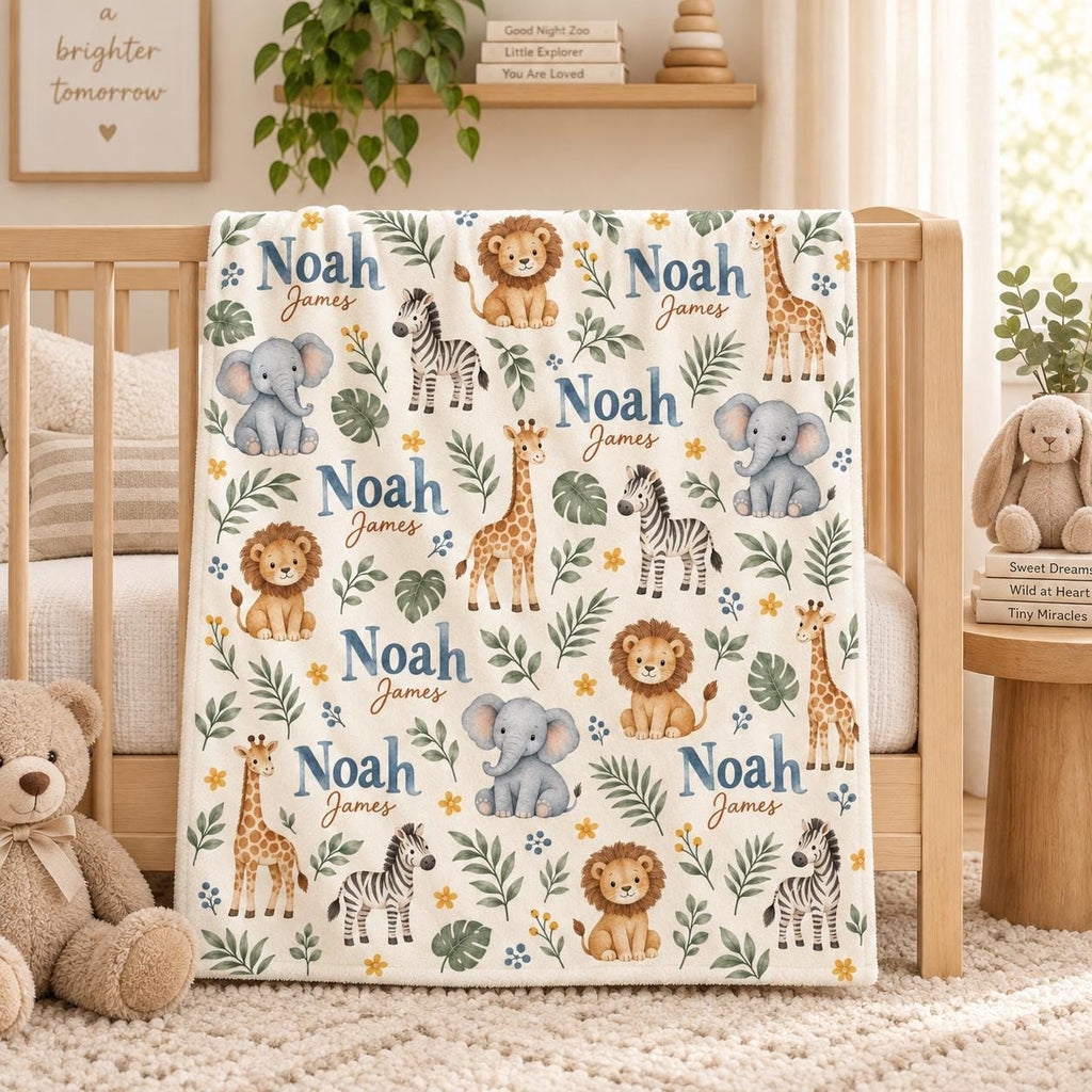 Personalized Safari Baby Blanket, Custom Name Baby Boy Blanket, Jungle Animal Nursery, Lion Elephant Giraffe Gift, Baby Chris