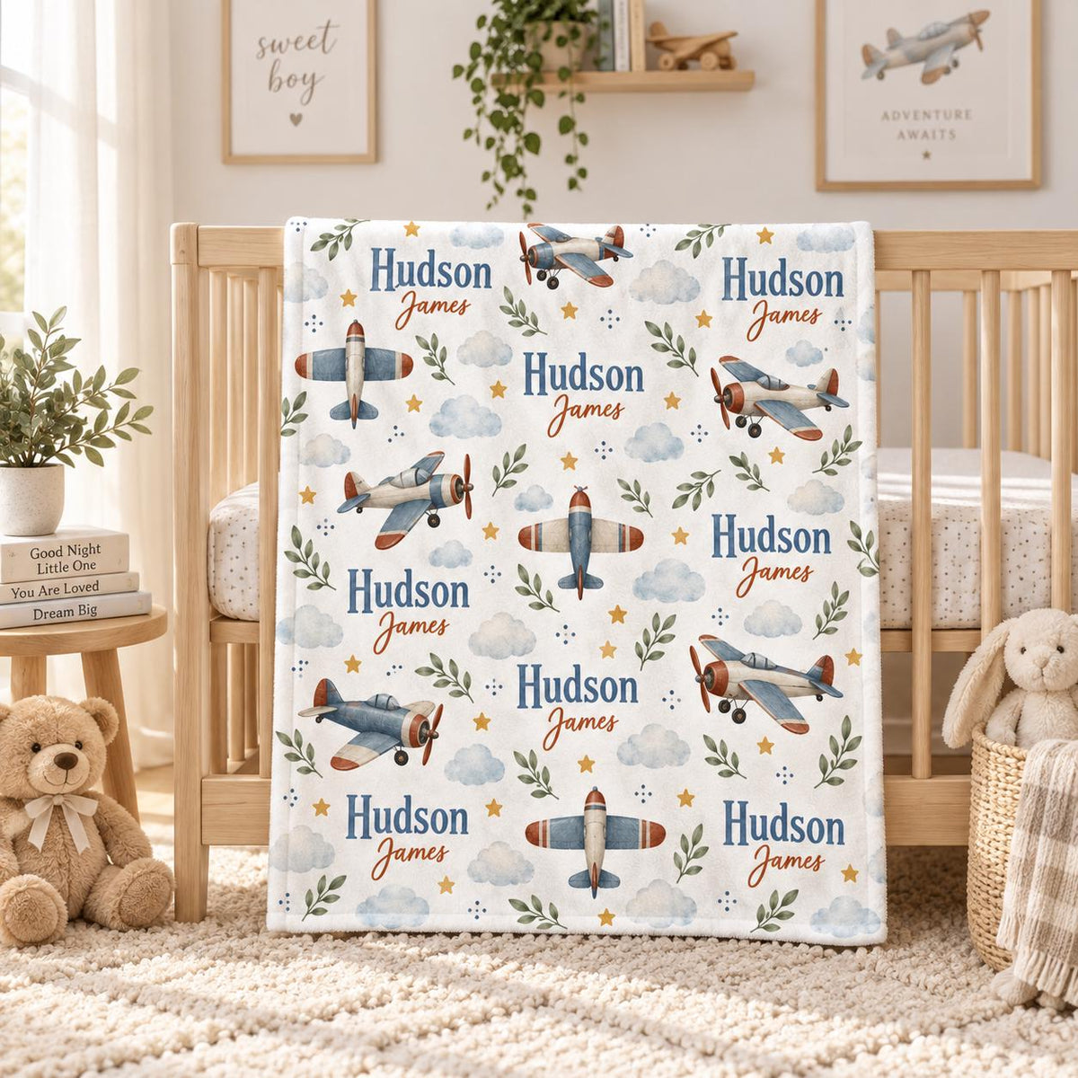 Personalized Airplane Baby Blanket, Custom Name Baby Boy Blanket, Vintage Plane Nursery Decor, Aviator Baby Gift, Baby Christ
