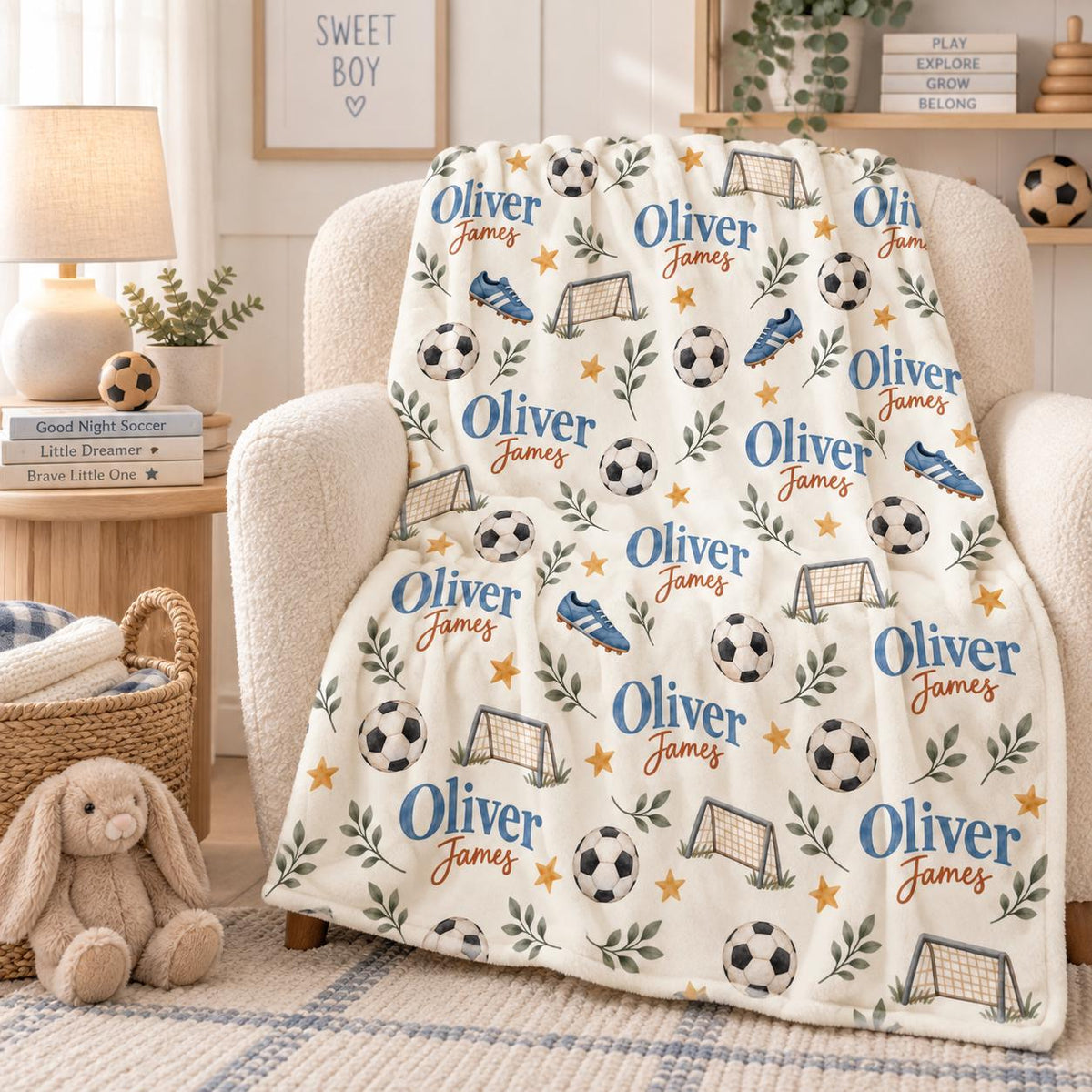 Personalized Soccer Baby Blanket, Custom Name Baby Boy Blanket, Soccer Nursery Decor, Football Baby Gift, Baby Shower Gift, B
