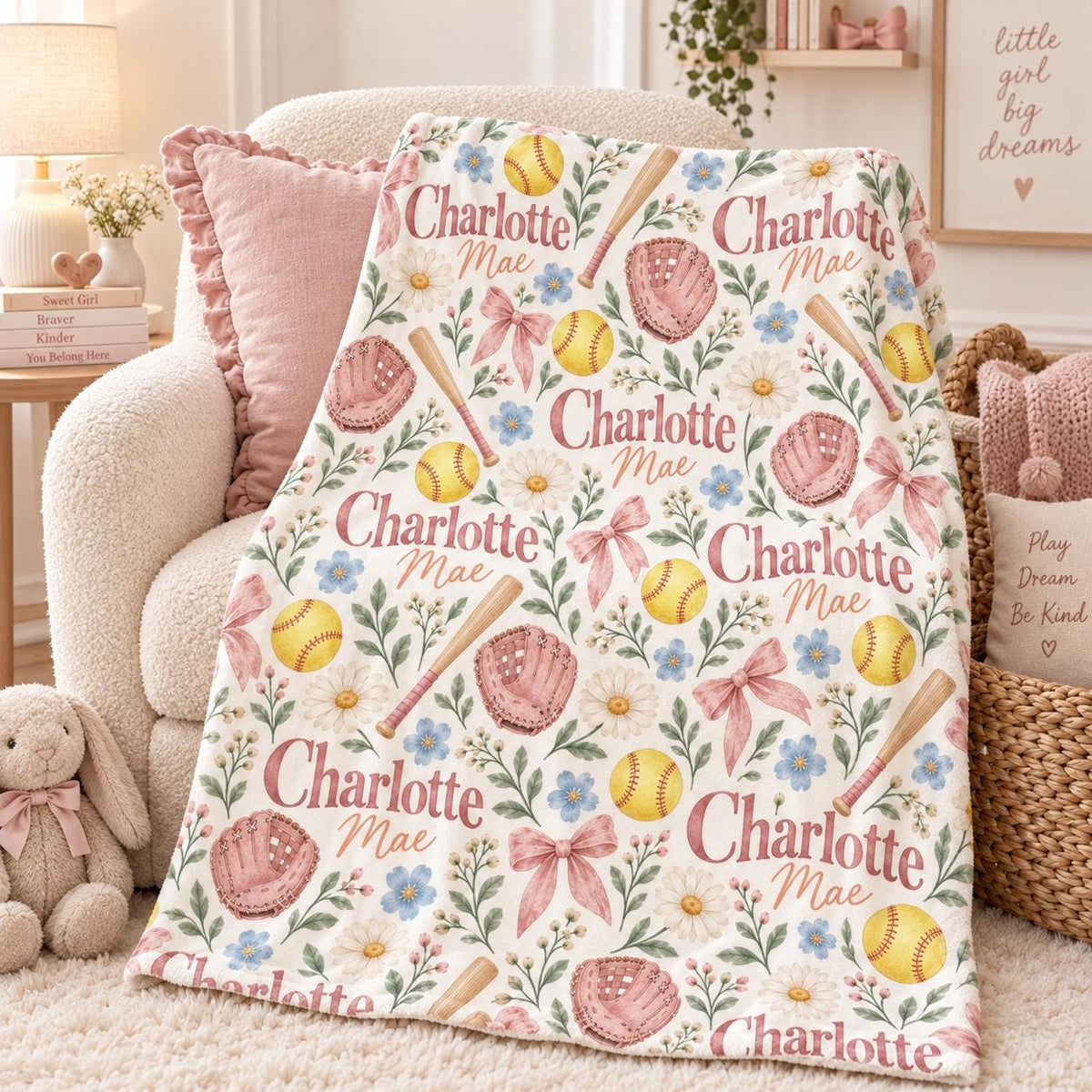 Personalized Softball Baby Blanket, Custom Name Baby Girl Blanket, Girls Softball Nursery Decor, Floral Sports Baby Gift, Bab