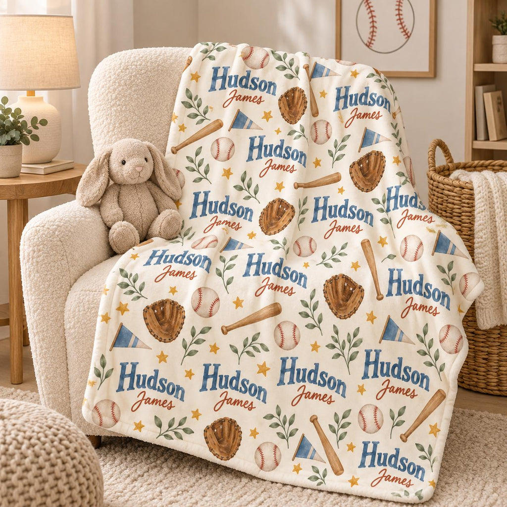 Personalized Baseball Baby Blanket, Custom Name Baseball Blanket, Baby Boy Sports Blanket, Baseball Nursery Decor, Baby Chris