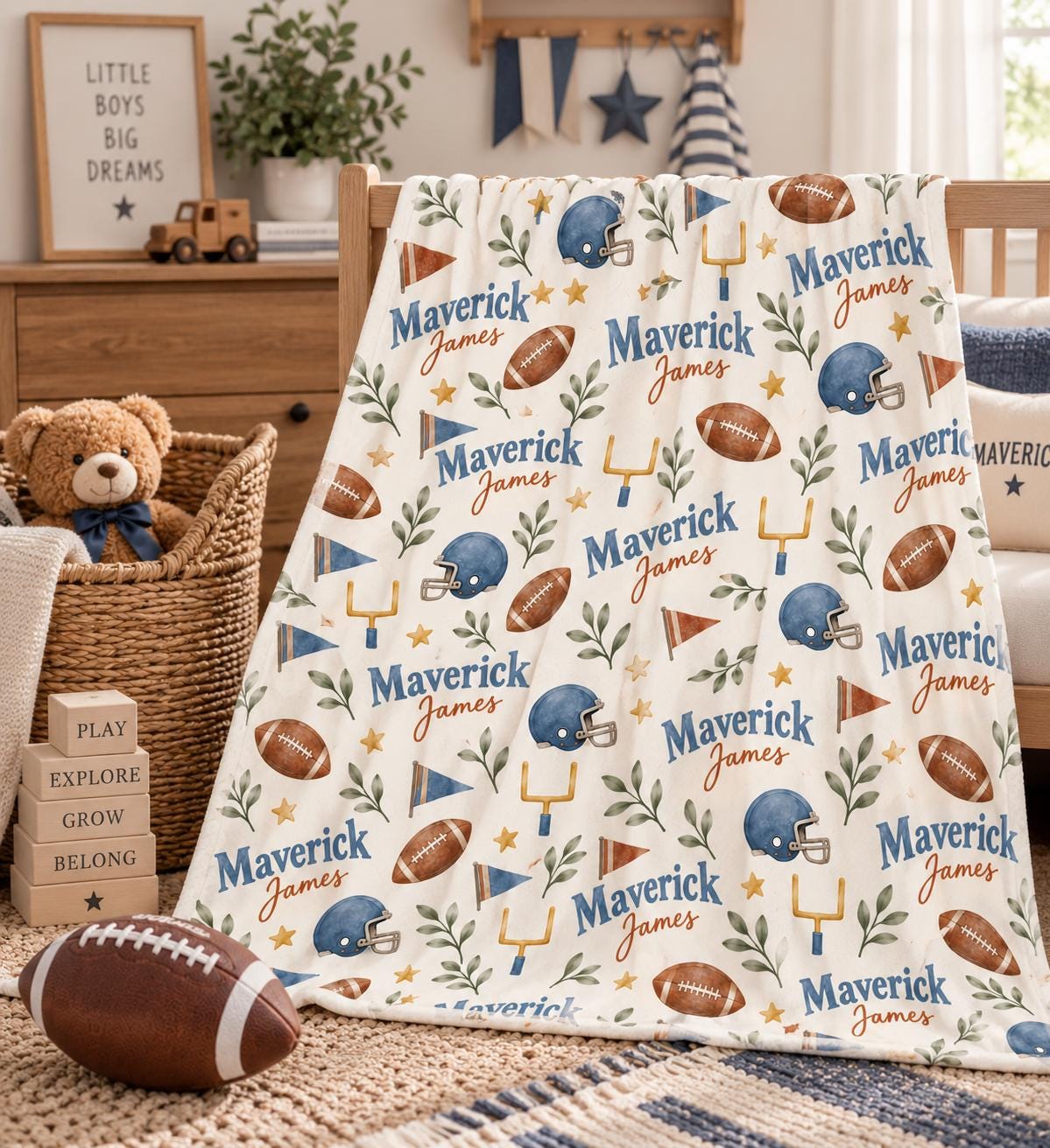 Personalized Football Baby Blanket, Custom Name Football Blanket, Baby Boy Sports Blanket, Football Nursery Decor, Baby Chris