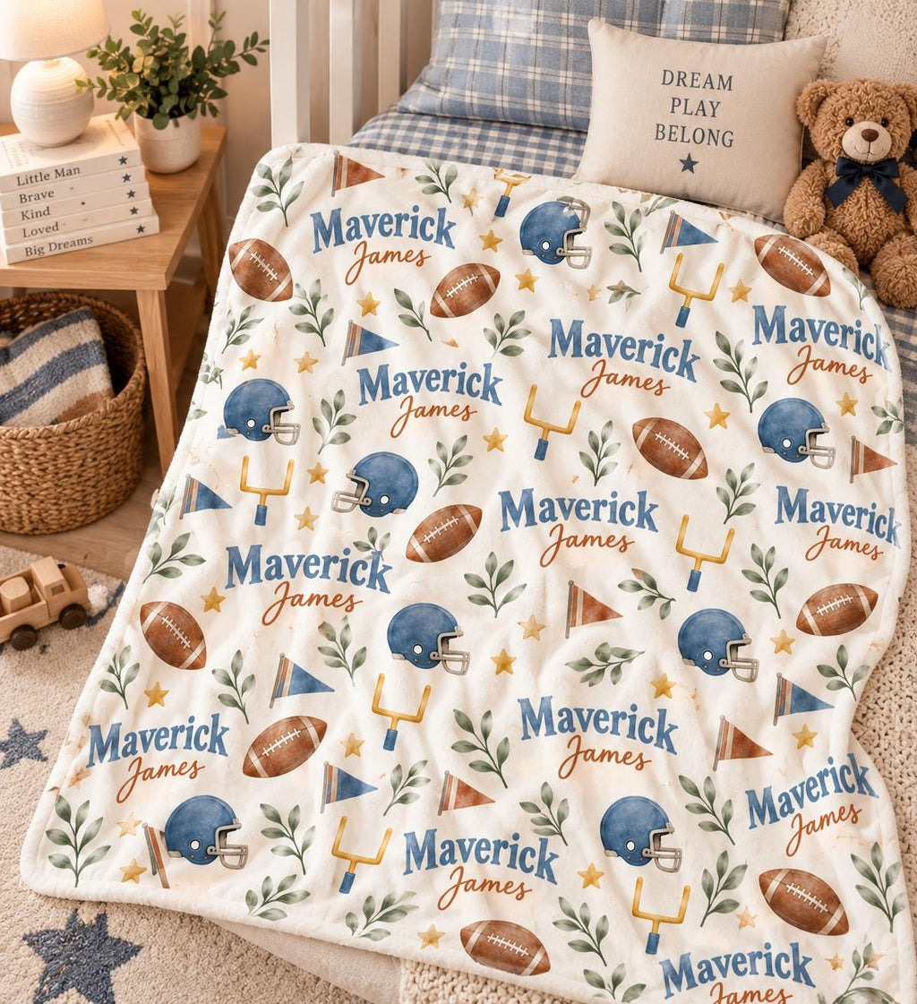 Personalized Football Baby Blanket, Custom Name Football Blanket, Baby Boy Sports Blanket, Football Nursery Decor, Baby Chris