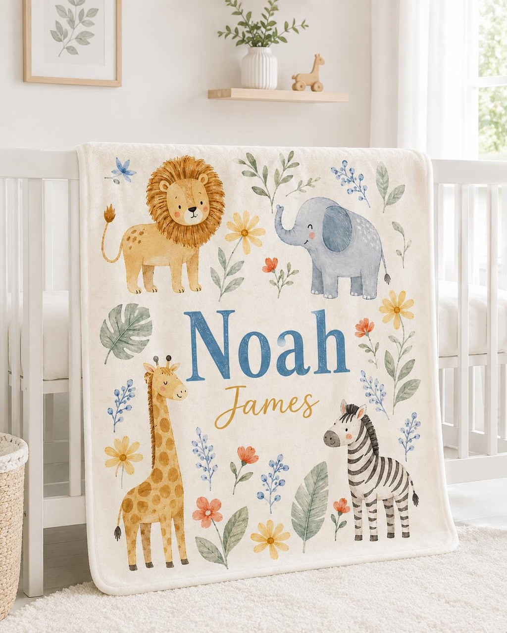 Personalized Safari Baby Blanket, Custom Name Baby Boy Blanket, Jungle Animal Nursery, Lion Elephant Giraffe Zebra Baby Gift