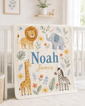 Personalized Safari Baby Blanket, Custom Name Baby Boy Blanket, Jungle Animal Nursery, Lion Elephant Giraffe Zebra Baby Gift