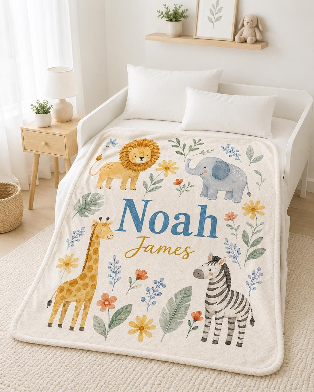 Personalized Safari Baby Blanket, Custom Name Baby Boy Blanket, Jungle Animal Nursery, Lion Elephant Giraffe Zebra Baby Gift