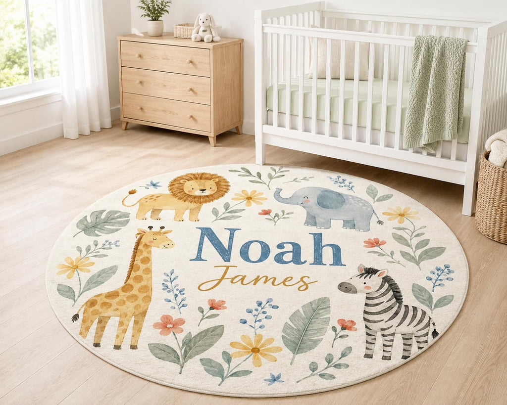 Personalized Safari Nursery Rug, Custom Name Round Rug, Jungle Animal Kids Room Decor, Baby Boy Rug, Lion Giraffe Elephant Ze
