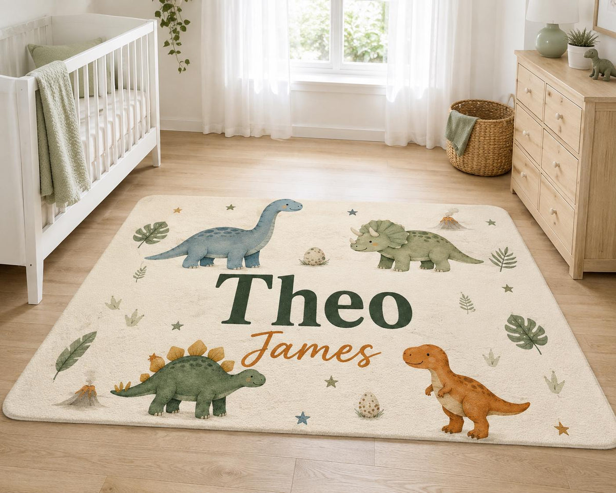 Personalized Dinosaur Nursery Rug, Custom Name Round Rug, Dino Kids Room Decor, Baby Boy Nursery, T Rex Triceratops Gift