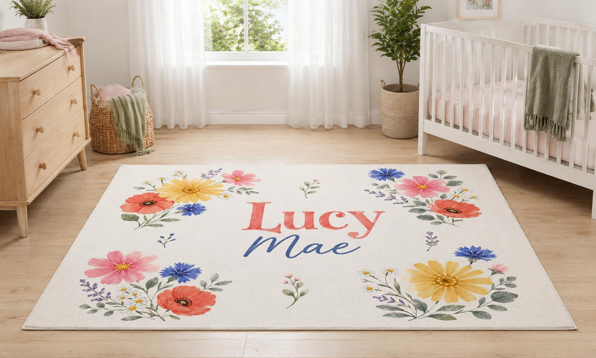 Personalized Floral Nursery Rug, Custom Name Round Rug, Wildflower Kids Room Decor, Baby Girl Nursery, Colorful Flower Rug