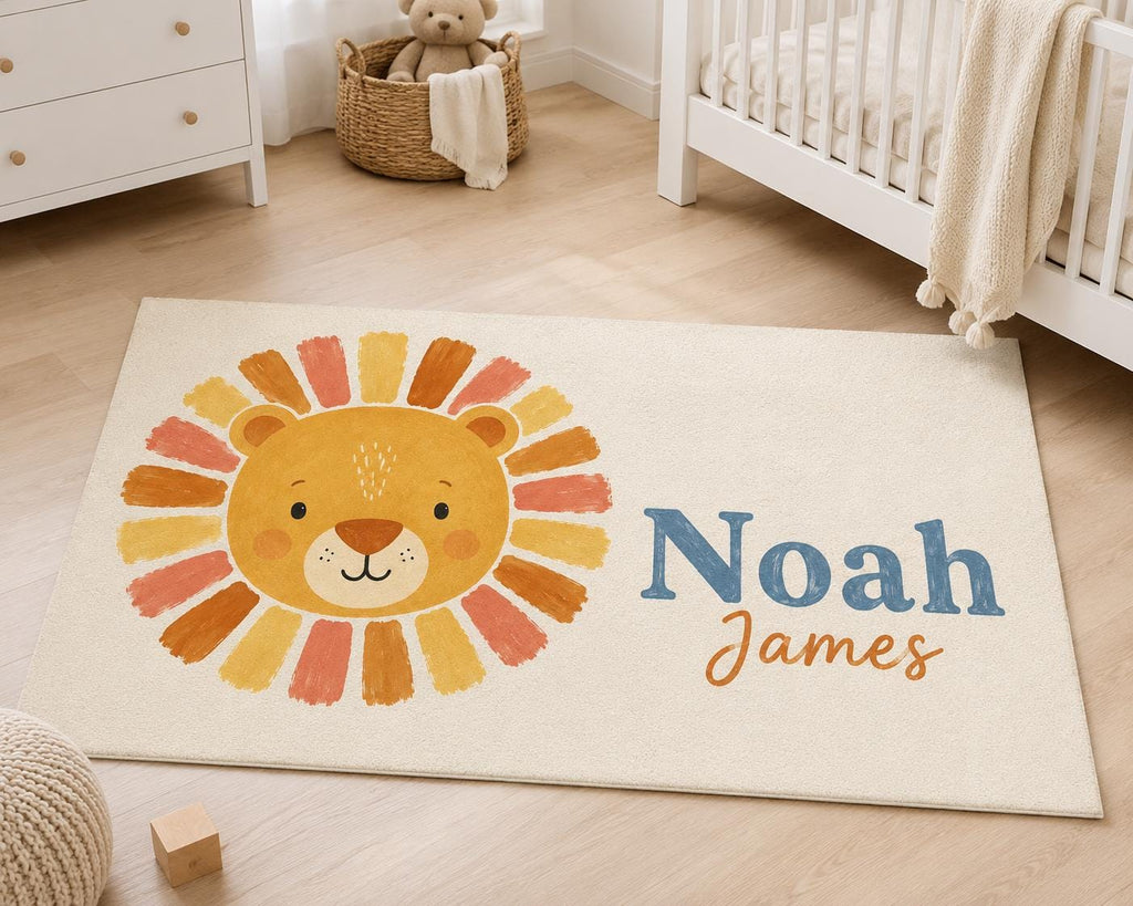 Personalized Lion Nursery Rug, Custom Name Round Rug, Safari Baby Boy Room Decor, Kids Bedroom Carpet, Wild One Baby Gift