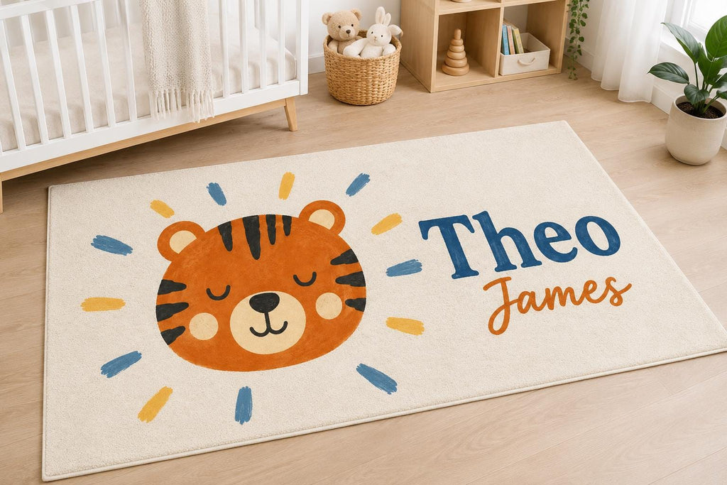 Personalized Tiger Nursery Rug, Custom Name Round Rug, Safari Baby Boy Room Decor, Kids Bedroom Carpet, Wild Animal Baby Gift
