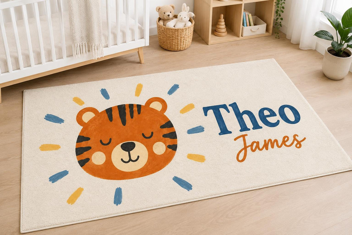 Personalized Tiger Nursery Rug, Custom Name Round Rug, Safari Baby Boy Room Decor, Kids Bedroom Carpet, Wild Animal Baby Gift