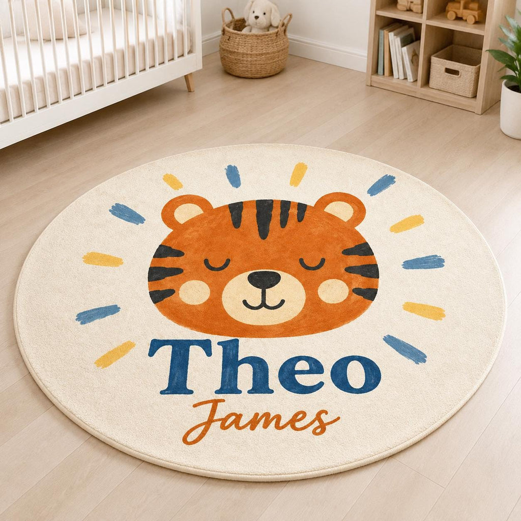 Personalized Tiger Nursery Rug, Custom Name Round Rug, Safari Baby Boy Room Decor, Kids Bedroom Carpet, Wild Animal Baby Gift