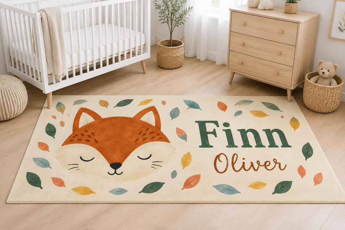 Personalized Fox Nursery Rug, Custom Name Round Rug, Woodland Baby Boy Room Decor, Kids Bedroom Carpet, Forest Animal Baby Gi