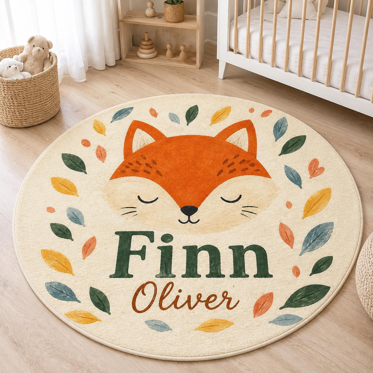 Personalized Fox Nursery Rug, Custom Name Round Rug, Woodland Baby Boy Room Decor, Kids Bedroom Carpet, Forest Animal Baby Gi