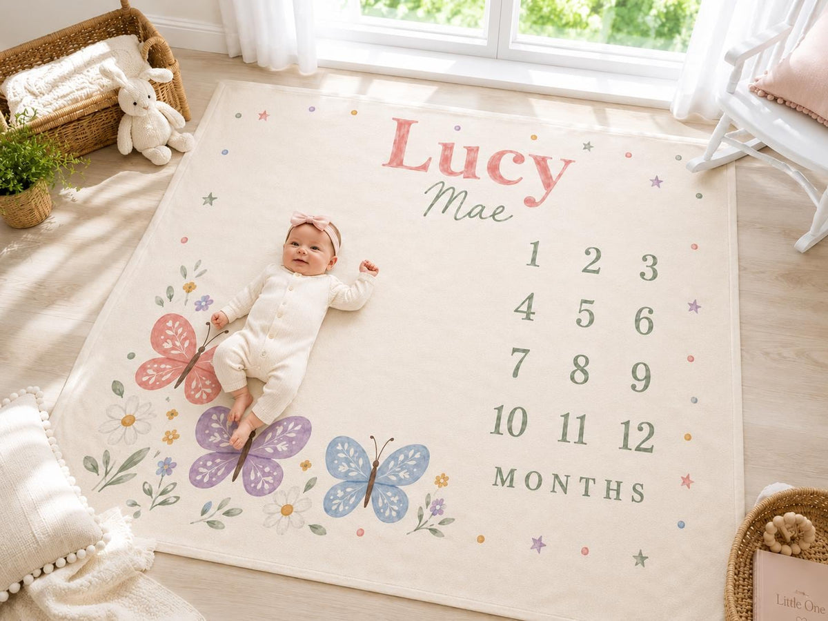 Personalized Milestone Baby Blanket, Butterfly Monthly Milestone Blanket, Custom Name Baby Girl Blanket, Newborn Baby Shower 