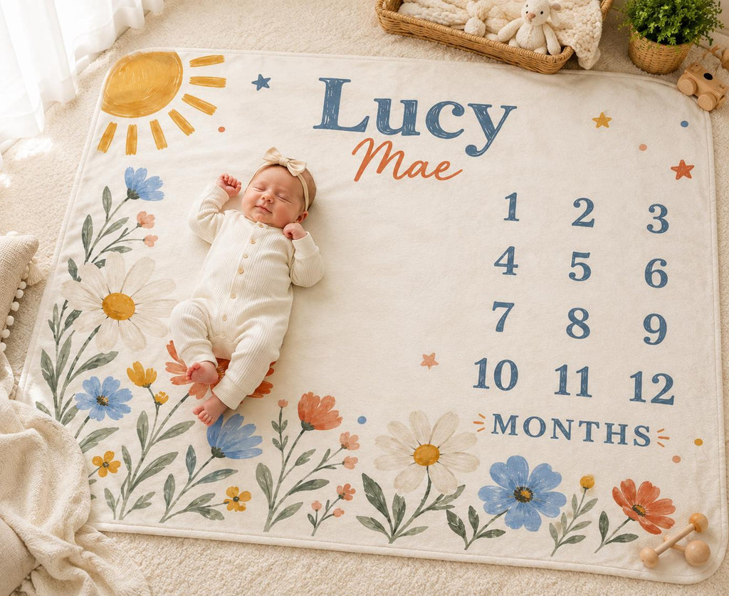 Personalized Baby Milestone Blanket, Wildflower Monthly Milestone Blanket, Custom Name Baby Girl Blanket, First Year Baby Sho