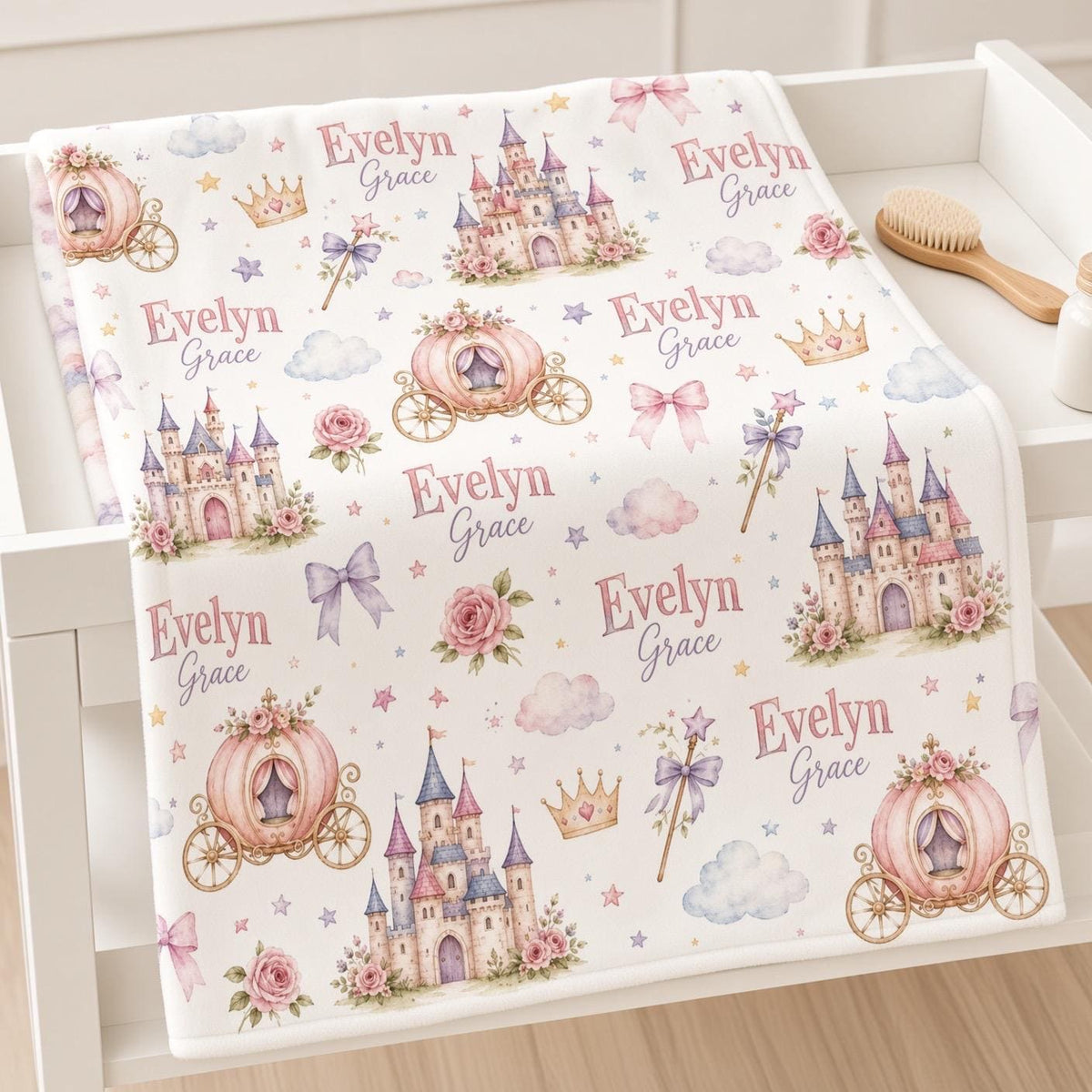 Personalized Princess Baby Blanket, Custom Name Fairytale Blanket, Princess Castle Nursery Blanket, Baby Girl Gift, Personali