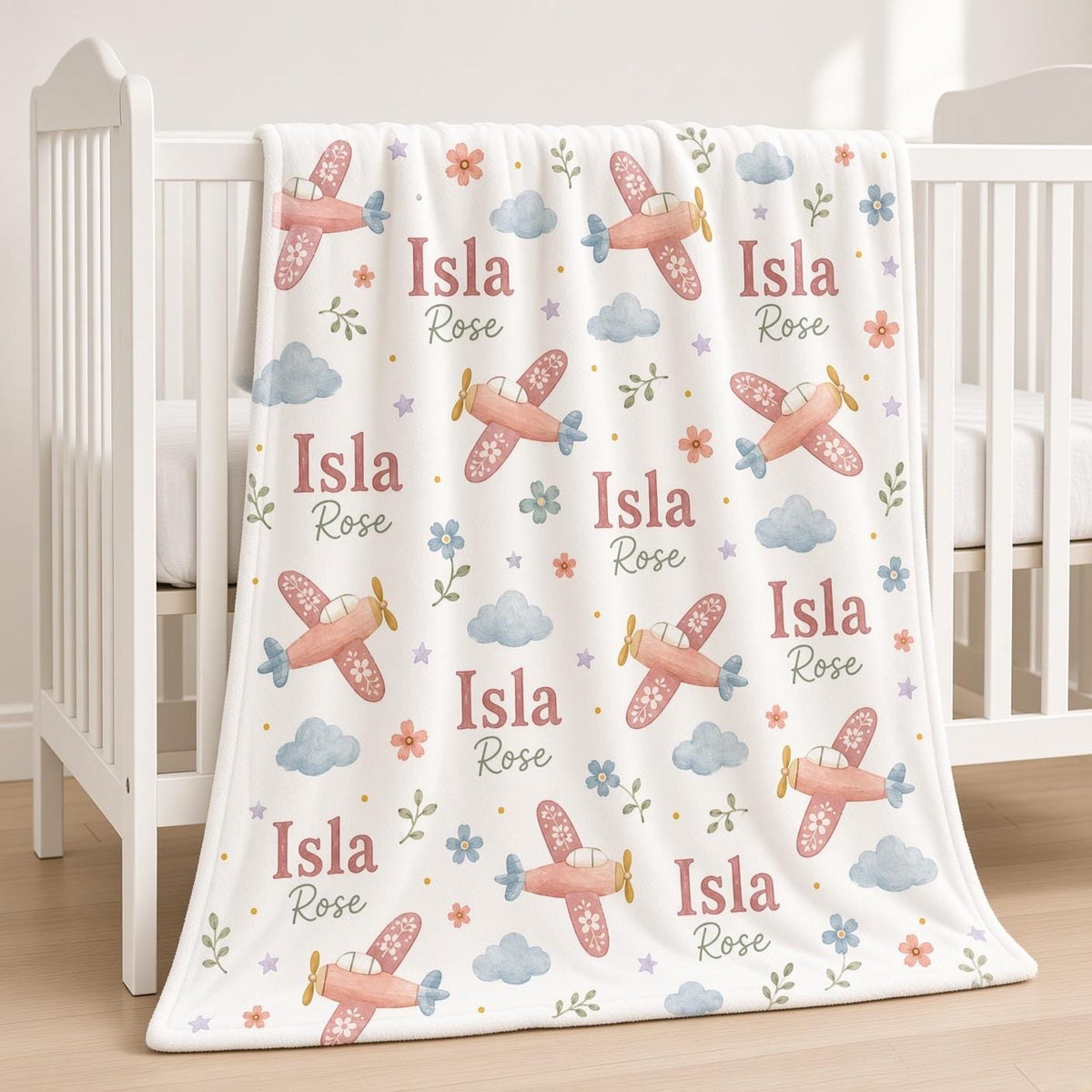 Personalized Airplane Baby Blanket, Custom Name Girl Blanket, Pink Airplane Nursery Decor, Baby Girl Aviation Gift, Floral Pl