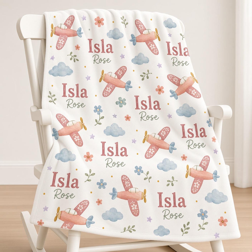 Personalized Airplane Baby Blanket, Custom Name Girl Blanket, Pink Airplane Nursery Decor, Baby Girl Aviation Gift, Floral Pl