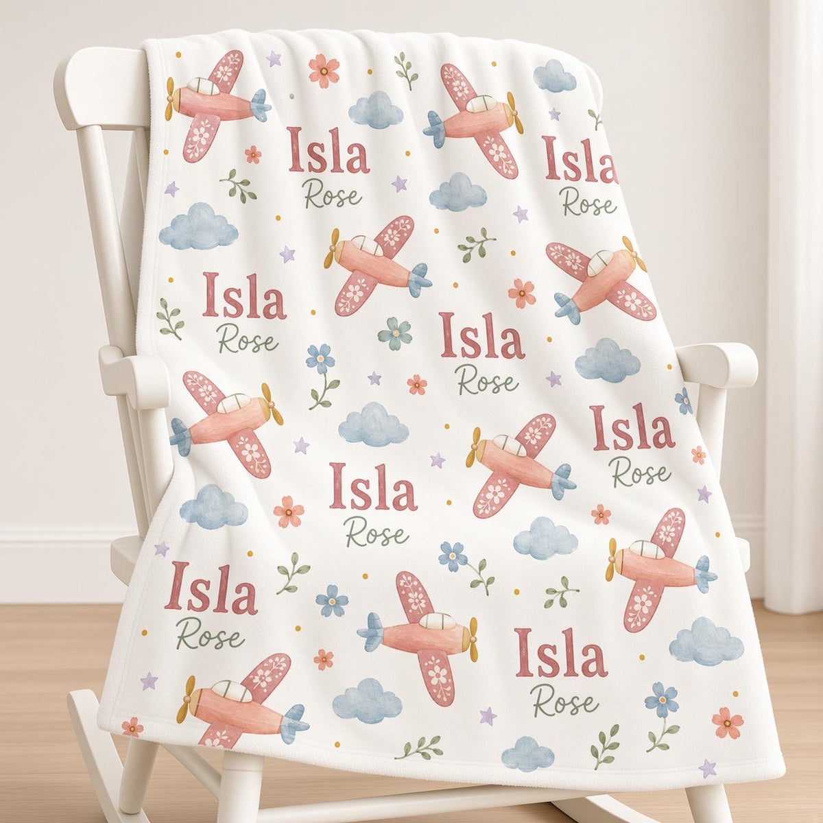 Personalized Airplane Baby Blanket, Custom Name Girl Blanket, Pink Airplane Nursery Decor, Baby Girl Aviation Gift, Floral Pl