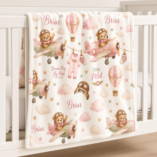 Personalized Aviator Baby Blanket, Pink Airplane Girl Blanket, Custom Name Pilot Blanket, Teddy Bear Aviation Nursery, Baby G