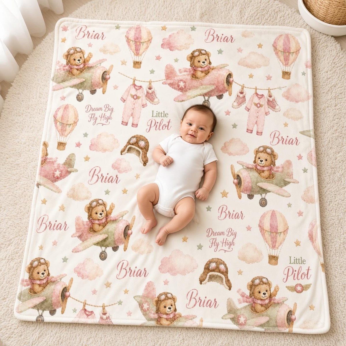 Personalized Aviator Baby Blanket, Pink Airplane Girl Blanket, Custom Name Pilot Blanket, Teddy Bear Aviation Nursery, Baby G