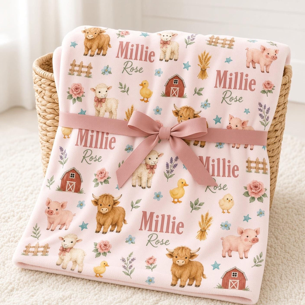 Personalized Farm Baby Blanket, Custom Name Girl Blanket, Highland Cow Nursery, Farm Animal Baby Gift, Pink Farm Nursery Blan