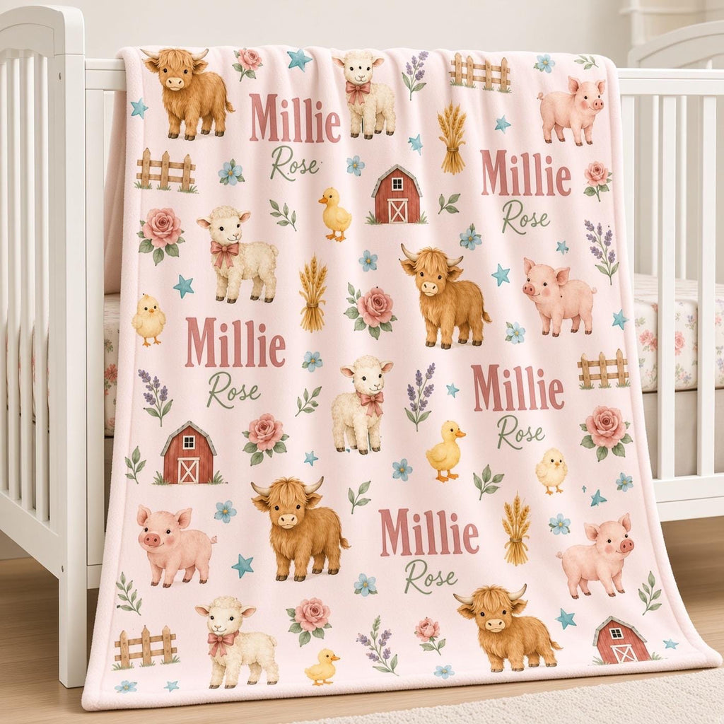 Personalized Farm Baby Blanket, Custom Name Girl Blanket, Highland Cow Nursery, Farm Animal Baby Gift, Pink Farm Nursery Blan