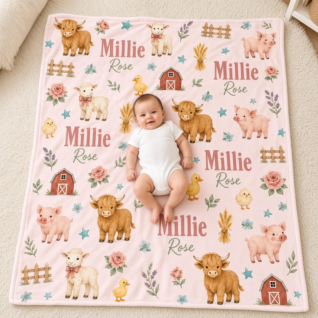 Personalized Farm Baby Blanket, Custom Name Girl Blanket, Highland Cow Nursery, Farm Animal Baby Gift, Pink Farm Nursery Blan